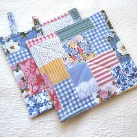 Faux Patchwork Potholders in Blue, Pink, White, Spring and Summer Kitchen Décor, Quilted Hot Pads, Handmade Mother's Day or Quilter's Gift