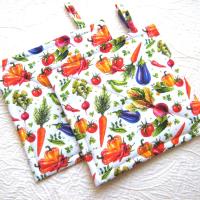 Spring Veggie Potholders, Tomatoes, Carrots, Beets, Green, Red, Purple, Orange on a White Background, Gift for Gardener, USA Handmade Hot Pads 