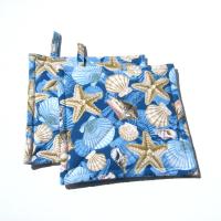 Seashell and Starfish Potholders in Blue and Tan, Quilted Hot Pads, Beach House Kitchen Décor, USA Handmade Gift