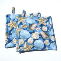 Seashell and Starfish Potholders in Blue and Tan, Quilted Hot Pads, Beach House Kitchen Décor, USA Handmade Gift