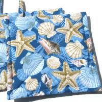 Seashell and Starfish Potholders in Blue and Tan, Quilted Hot Pads, Beach House Kitchen Décor, USA Handmade Gift