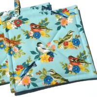 Summer Birds Potholders, Colorful Birds and Bunches of Flowers, Quilted Hot Pads, USA Made Housewarming, Hostess Gift