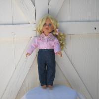 Cowgirl Shirt and Blue Jeans for 18 Inch Doll, Western Outfit in Pink Gingham and Blue Denim, Collared Shirt and 4-Pocket Jeans