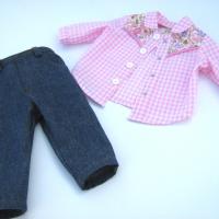 Cowgirl Shirt and Blue Jeans for 18 Inch Doll, Western Outfit in Pink Gingham and Blue Denim, Collared Shirt and 4-Pocket Jeans
