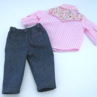 Cowgirl Shirt and Blue Jeans for 18 Inch Doll, Western Outfit in Pink Gingham and Blue Denim, Collared Shirt and 4-Pocket Jeans