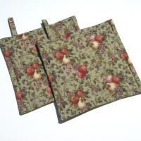 Summer Harvest Potholders, Orchard Apples, Pears, Plums on Sage Cotton, Handmade Quilted Hot Pads, USA Made Stocking Stuffer, Hostess Gift