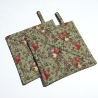 Summer Harvest Potholders, Orchard Apples, Pears, Plums on Sage Cotton, Handmade Quilted Hot Pads, USA Made Stocking Stuffer, Hostess Gift