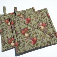 Summer Harvest Potholders, Orchard Apples, Pears, Plums on Sage Cotton, Handmade Quilted Hot Pads, USA Made Stocking Stuffer, Hostess Gift
