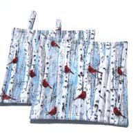 Red Cardinals Potholders, Christmas Décor, Birds in Wintry Birch Trees, Quilted Hot Pads, Stocking Stuffer, USA Handmade Gift for Bird Lover, Housewarming