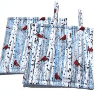 Red Cardinals Potholders, Christmas Décor, Birds in Wintry Birch Trees, Quilted Hot Pads, Stocking Stuffer, USA Handmade Gift for Bird Lover, Housewarming