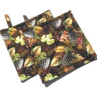 Autumn Woodland Potholders, Leaves and Pinecones Quilted Hot Pads, Rustic Farmhouse Décor, USA Hand Crafted Housewarming or Hostess Gift