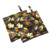 Autumn Woodland Potholders, Leaves and Pinecones Quilted Hot Pads, Rustic Farmhouse Décor, USA Hand Crafted Housewarming or Hostess Gift