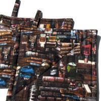 Spooky Library Potholders, Antique Books & Bottles Quilted Hot Pads, USA Hand Crafted Gift for Halloween, Librarian Gift