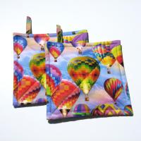 Hot Air Balloon Potholders, Blue Sky, Clouds & Balloons Hot Pads, American Made Hand Crafted Hostess, Housewarming Gift, PATTERN WILL VARY!