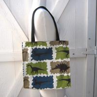 Dinosaur Tote, Funky Lined Bag with Inside Pocket, Perfect for Groceries, Books and Travel, Green, Teal & Taupe Cotton Bag, Handcrafted in New Mexico