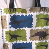 Dinosaur Tote, Funky Lined Bag with Inside Pocket, Perfect for Groceries, Books and Travel, Green, Teal & Taupe Cotton Bag, Handcrafted in New Mexico