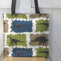 Dinosaur Tote, Funky Lined Bag with Inside Pocket, Perfect for Groceries, Books and Travel, Green, Teal & Taupe Cotton Bag, Handcrafted in New Mexico