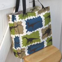Dinosaur Tote, Funky Lined Bag with Inside Pocket, Perfect for Groceries, Books and Travel, Green, Teal & Taupe Cotton Bag, Handcrafted in New Mexico