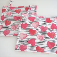 Valentine Potholders, Pink Hearts, Black White Stripes Quilted Hot Pads, USA Handmade Gift, Housewarming, Hostess, Sweetheart Gift
