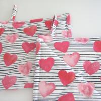 Valentine Potholders, Pink Hearts, Black White Stripes Quilted Hot Pads, USA Handmade Gift, Housewarming, Hostess, Sweetheart Gift