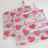 Valentine Potholders, Pink Hearts, Black White Stripes Quilted Hot Pads, USA Handmade Gift, Housewarming, Hostess, Sweetheart Gift