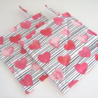 Valentine Potholders, Pink Hearts, Black White Stripes Quilted Hot Pads, USA Handmade Gift, Housewarming, Hostess, Sweetheart Gift