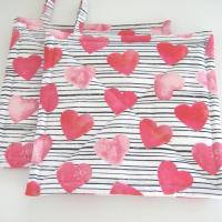 Valentine Potholders, Pink Hearts, Black White Stripes Quilted Hot Pads, USA Handmade Gift, Housewarming, Hostess, Sweetheart Gift