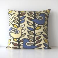 Mod Style Birds Pillow Cover in Beige, Blue, Mustard, Taupe Linen Cotton Blend, KAS Designer Print, 21 x 21 Inches, USA Handmade