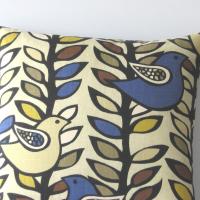 Mod Style Birds Pillow Cover in Beige, Blue, Mustard, Taupe Linen Cotton Blend, KAS Designer Print, 21 x 21 Inches, USA Handmade