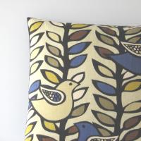 Mod Style Birds Pillow Cover in Beige, Blue, Mustard, Taupe Linen Cotton Blend, KAS Designer Print, 21 x 21 Inches, USA Handmade