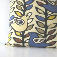 Mod Style Birds Pillow Cover in Beige, Blue, Mustard, Taupe Linen Cotton Blend, KAS Designer Print, 21 x 21 Inches, USA Handmade