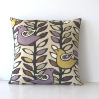 Mid Century Style Pillow Cover in Mustard, Plum, Chocolate, White on Taupe Linen Cotton Blend, KAS Designer Birds, 21 x 21 Inches, USA Handmade