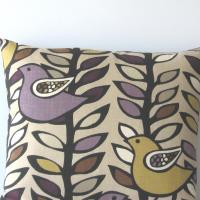 Mid Century Style Pillow Cover in Mustard, Plum, Chocolate, White on Taupe Linen Cotton Blend, KAS Designer Birds, 21 x 21 Inches, USA Handmade