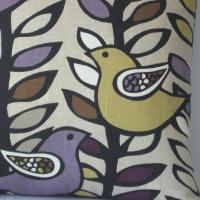 Mid Century Style Pillow Cover in Mustard, Plum, Chocolate, White on Taupe Linen Cotton Blend, KAS Designer Birds, 21 x 21 Inches, USA Handmade