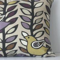 Mod Bird Pillow Cover in Purple, White & Mustard on Taupe KAS Designer Print Linen Cotton Blend, 19 x 19 Inches, USA Handmade