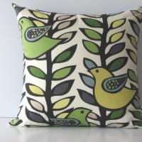 Mod Birds & Trees Pillow Cover in Off-White, Green, Gray, Chartreuse Linen Cotton Blend, KAS Designer Print, 19 x 19 Inches
