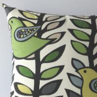 Mod Birds & Trees Pillow Cover in Off-White, Green, Gray, Chartreuse Linen Cotton Blend, KAS Designer Print, 19 x 19 Inches