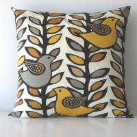 Retro Birds Pillow Cover in White, Gold, Grey Linen Cotton Blend, KAS Designer Print, 21 x 21 Inches