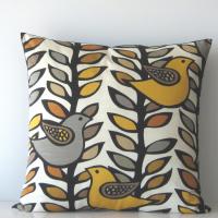 Retro Birds Pillow Cover in White, Gold, Grey Linen Cotton Blend, KAS Designer Print, 21 x 21 Inches
