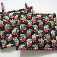 Cherries and Polka Dots Potholders, Red Black Retro Look Quilted Handmade Hot Pads, Housewarming Gift 