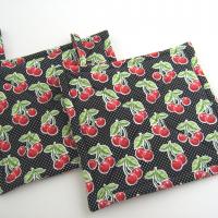 Cherries and Polka Dots Potholders, Red Black Retro Look Quilted Handmade Hot Pads, Housewarming Gift 