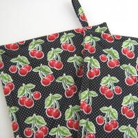 Cherries and Polka Dots Potholders, Red Black Retro Look Quilted Handmade Hot Pads, Housewarming Gift 