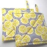 Lemon Slice Potholders with Navy & White Stripes, Blue & Yellow Retro Style Kitchen Décor, USA Handmade Hostess, Housewarming Gift