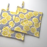 Lemon Slice Potholders with Navy & White Stripes, Blue & Yellow Retro Style Kitchen Décor, USA Handmade Hostess, Housewarming Gift