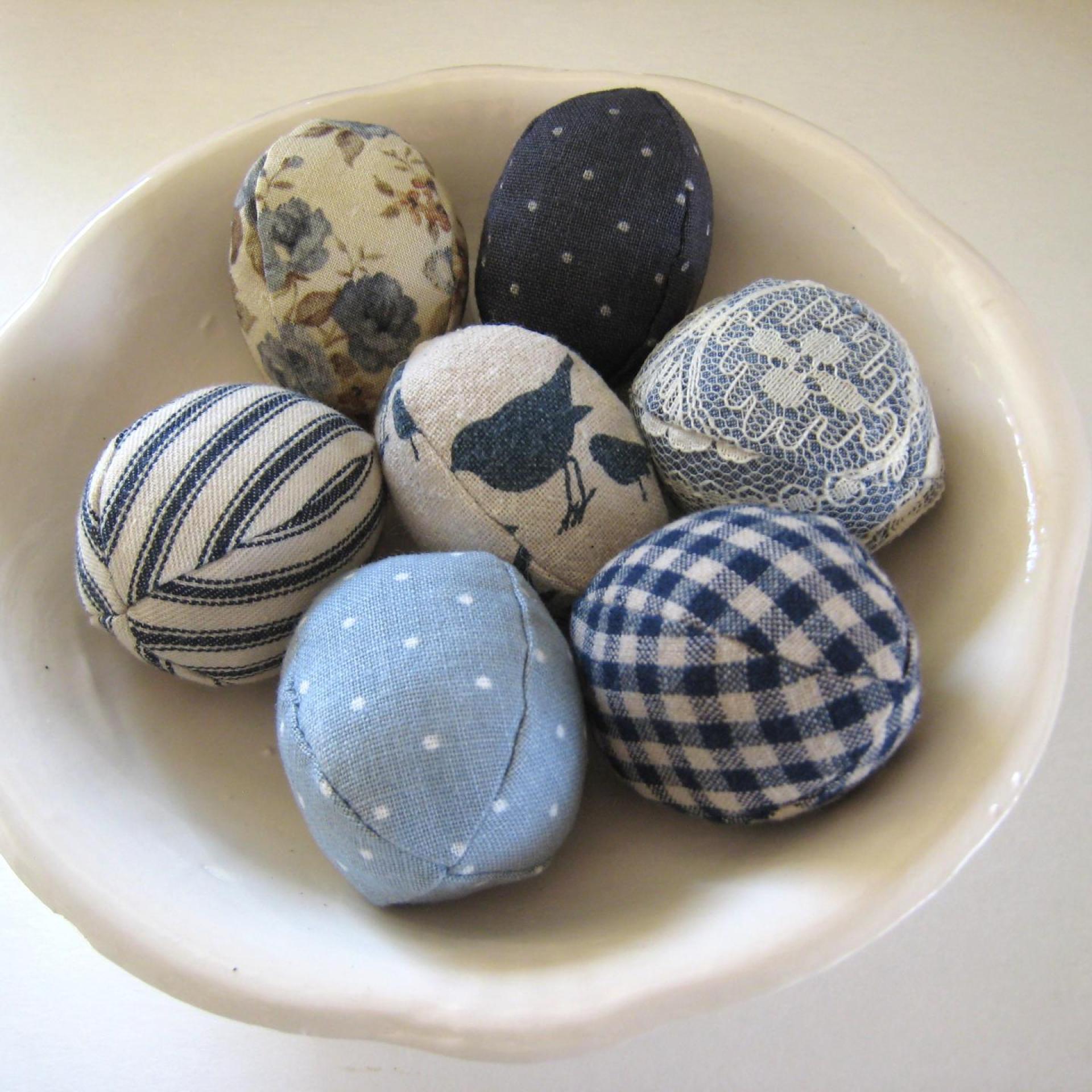 Easter Egg Bowl Fillers, Set of 7 Blue and Beige Small Stuffed Eggs, Trendy Table Décor, Tiered Tray Accent, USA Hand Crafted