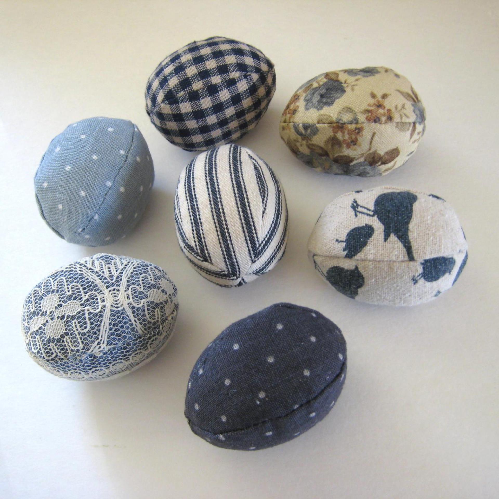Easter Egg Bowl Fillers, Set of 7 Blue and Beige Small Stuffed Eggs, Trendy Table Décor, Tiered Tray Accent, USA Hand Crafted