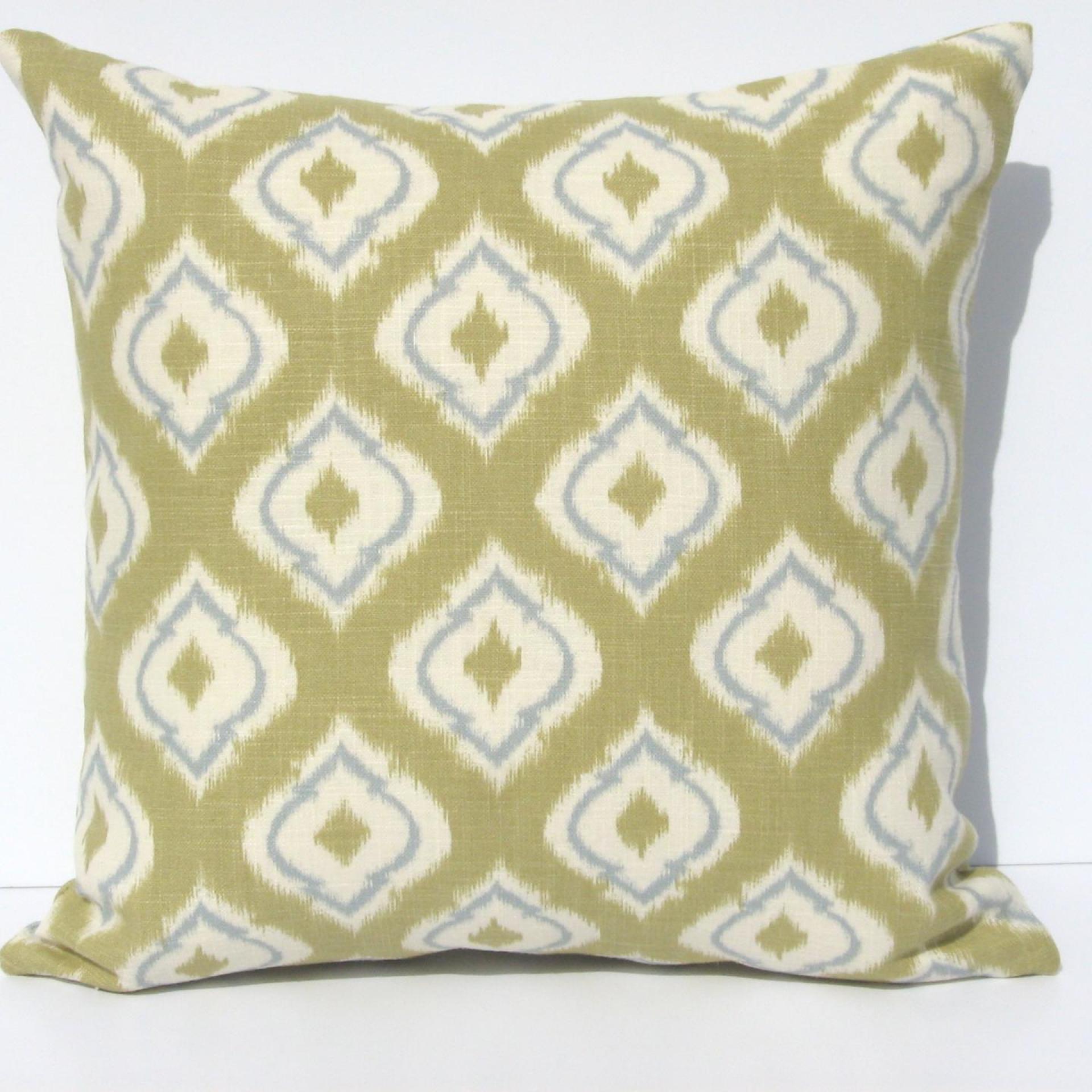 IKAT Linen Pillow Cover in Diamond-Patterned Lime Green, Dusty Blue & Cream, 17 x 17 Inches, USA Handmade Home Décor 