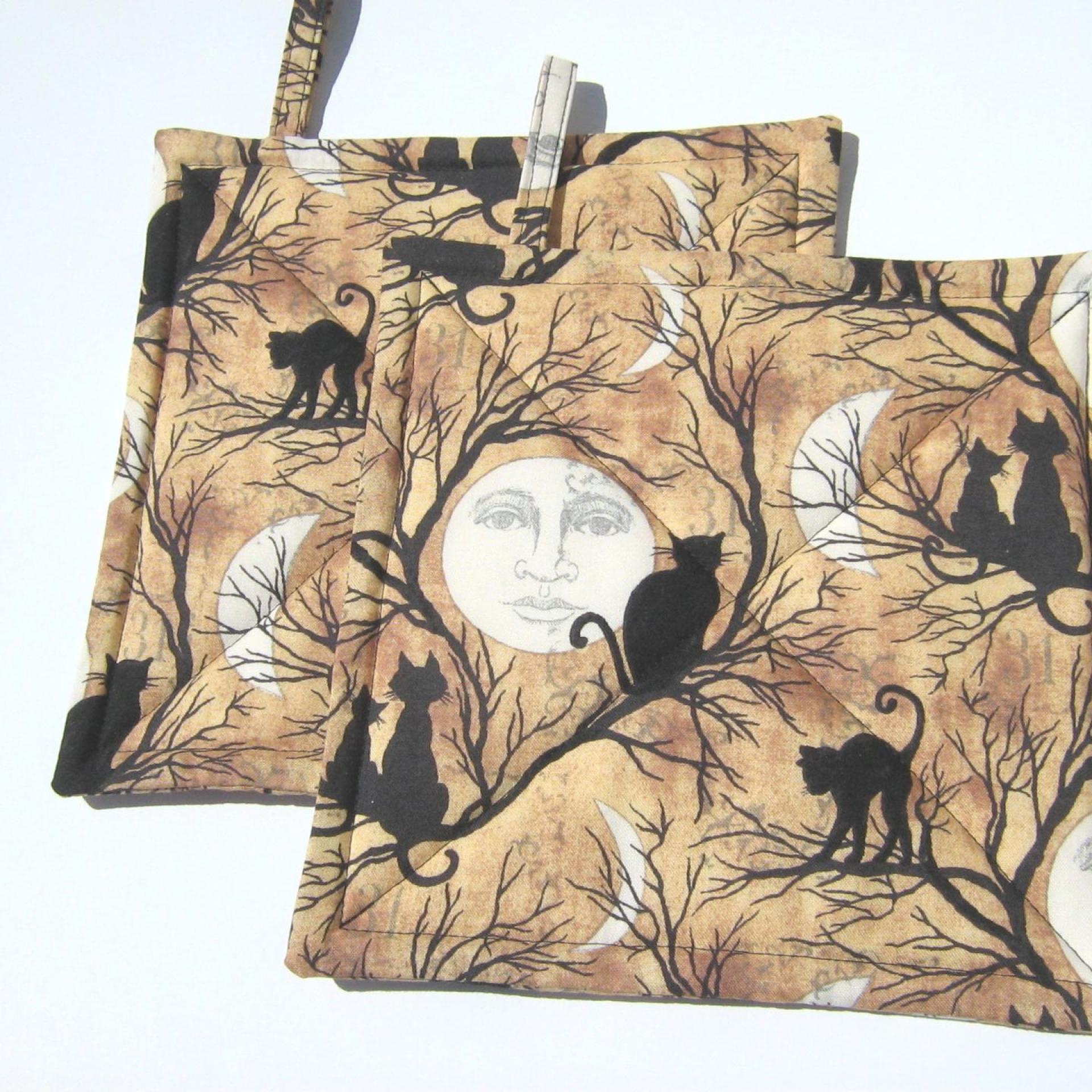 Halloween Potholders with Full Moons and Cats in Spooky Trees, Haunted House Décor, Handmade Hot Pads, Hostess Gift