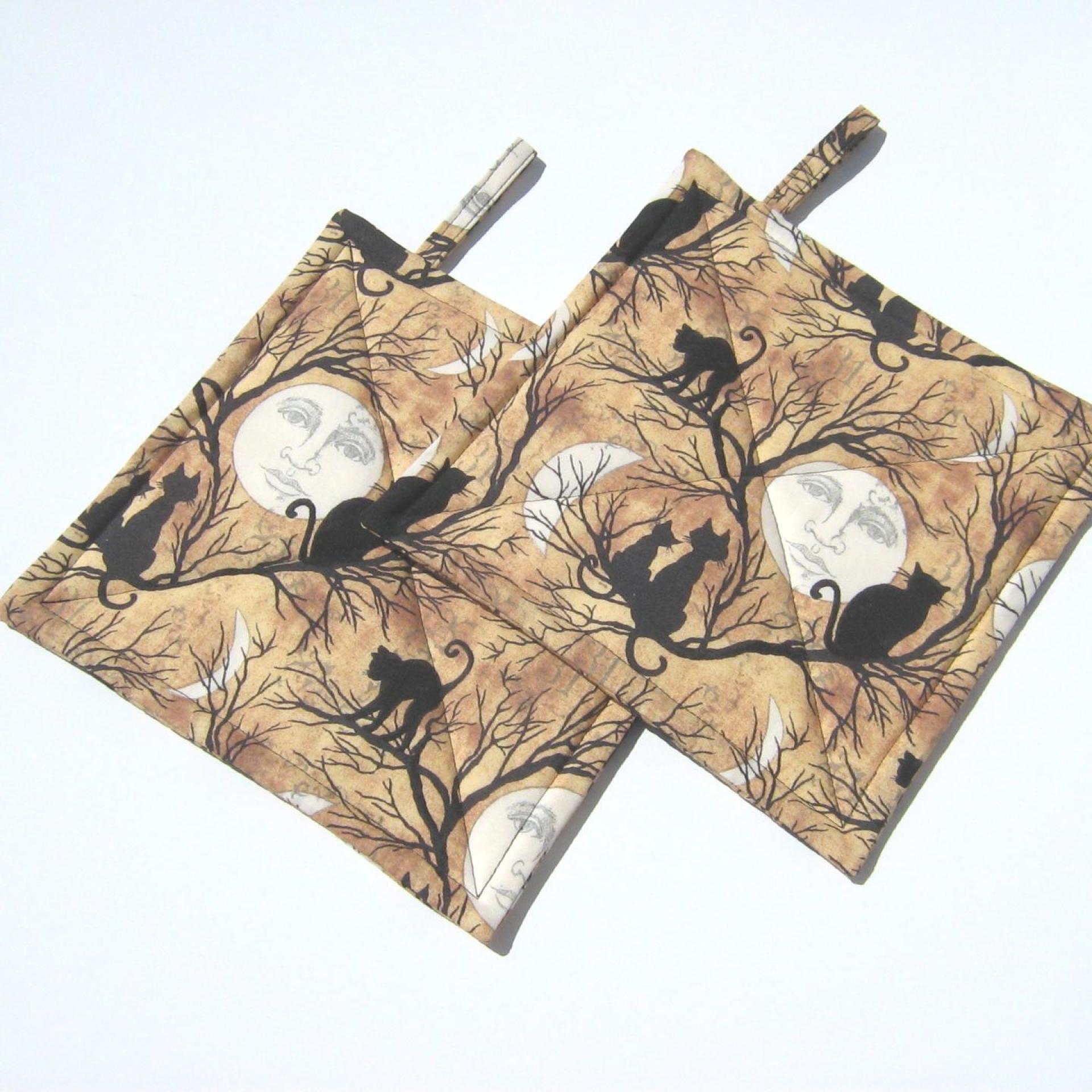 Halloween Potholders with Full Moons and Cats in Spooky Trees, Haunted House Décor, Handmade Hot Pads, Hostess Gift