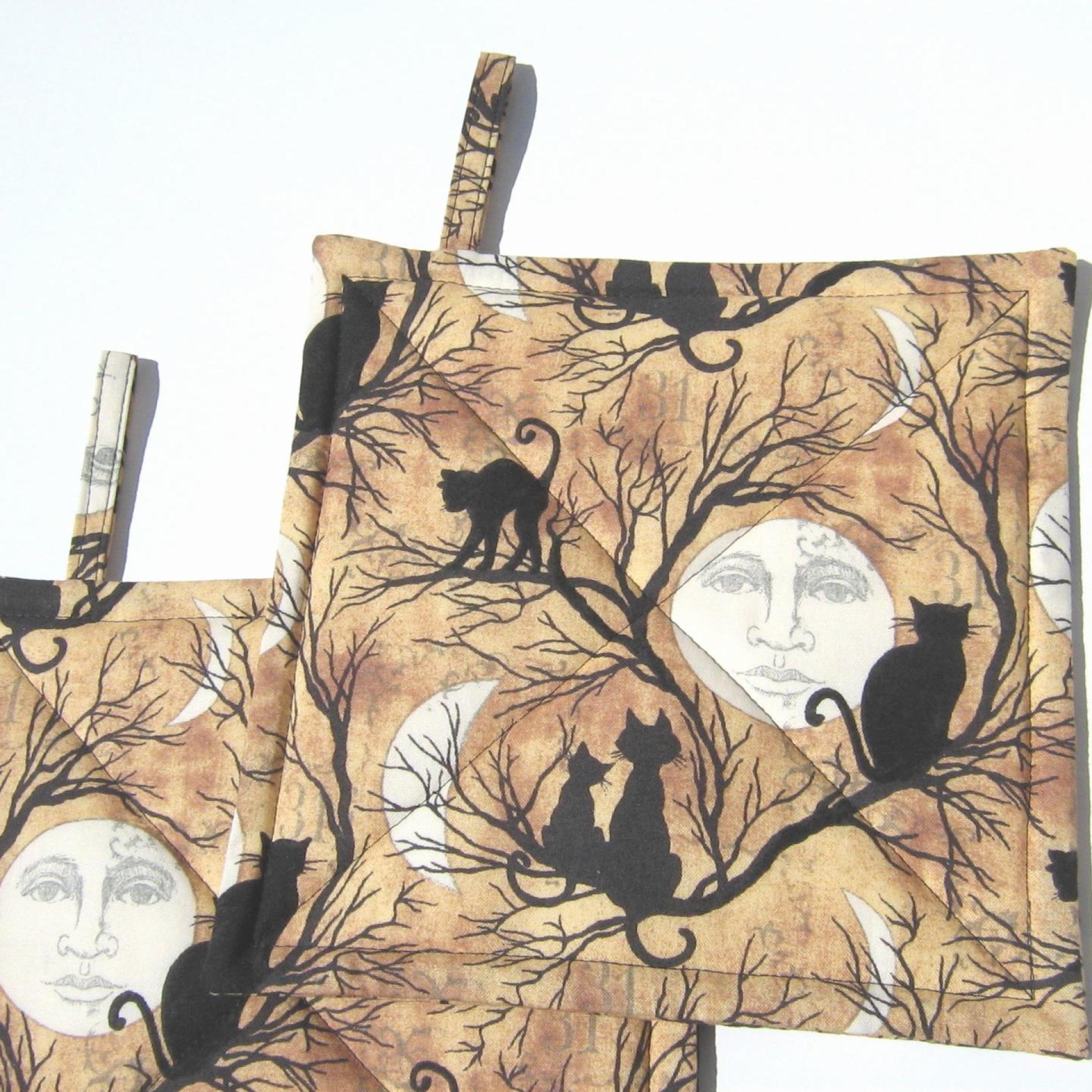 Halloween Potholders with Full Moons and Cats in Spooky Trees, Haunted House Décor, Handmade Hot Pads, Hostess Gift